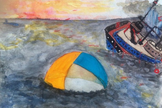 the floating tent, 2012 watercolor, pastel & pencil 3 x 5 inches